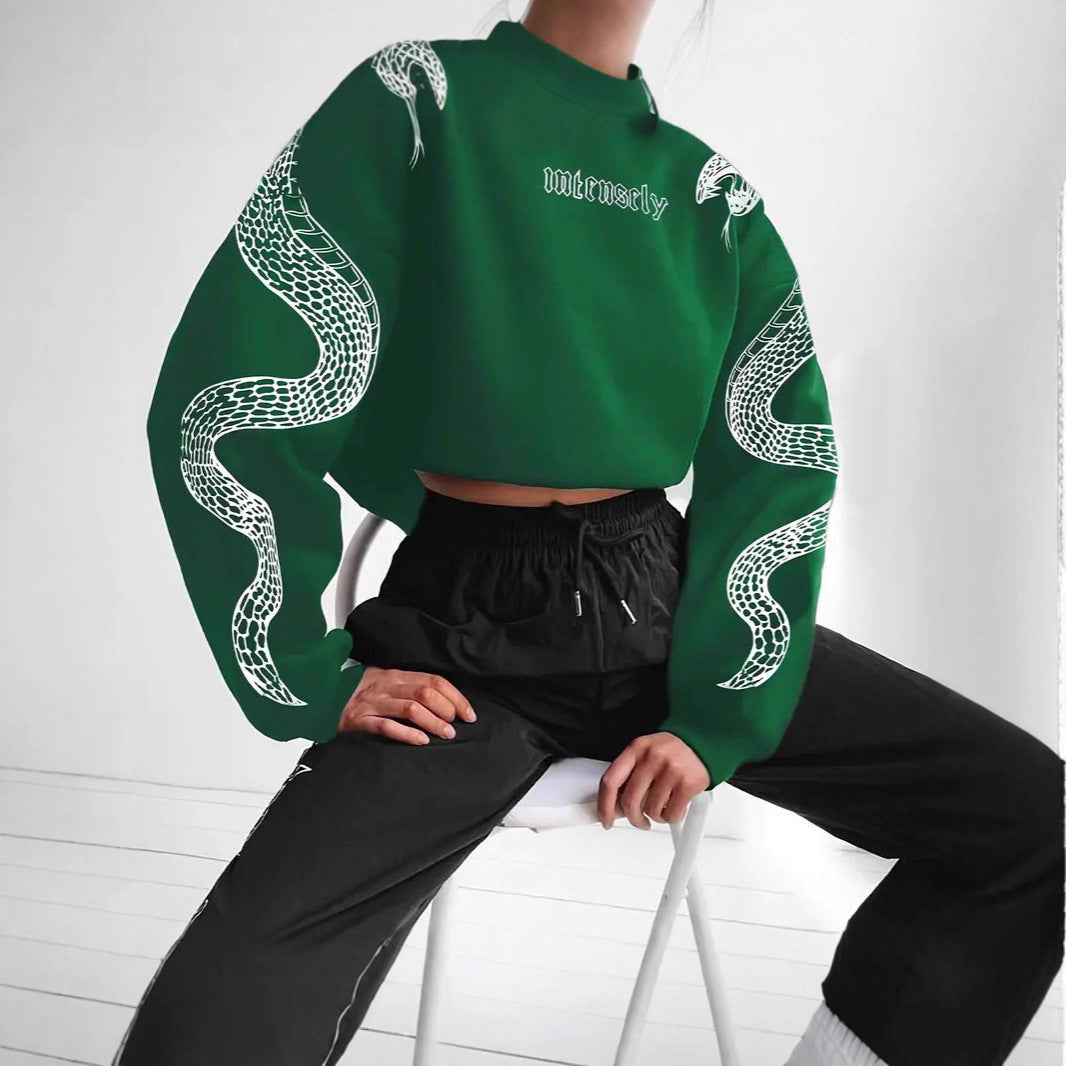 Dames Trendy Casual Korte Hoodie met Slangen Print | Serelina