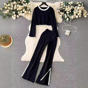 Dames Sportieve Gebreide Tweedelige Set met Broek en Top met Streep Details | Denice