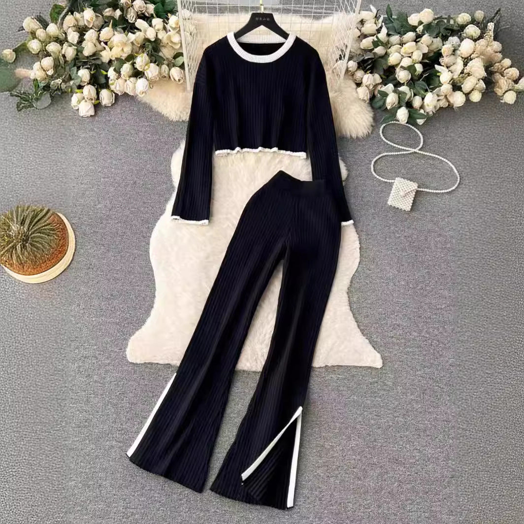 Dames Sportieve Gebreide Tweedelige Set met Broek en Top met Streep Details | Denice