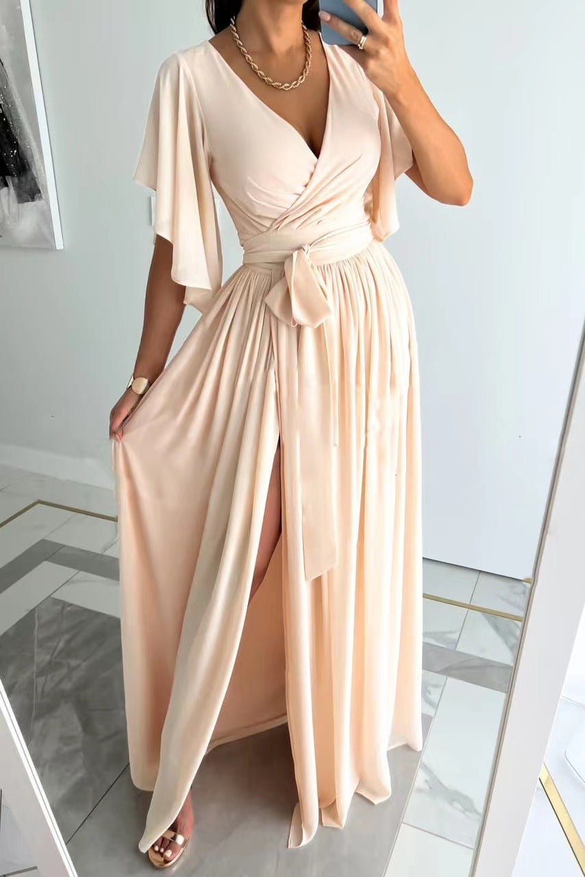 Dames Elegante Maxi Jurk met V-hals en Strikceintuur | Nariva