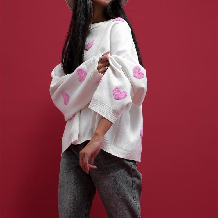 Dames Elegante Stijlvolle Ruimvallende Gebreide Trui met Harten Jacquard | Ralissa