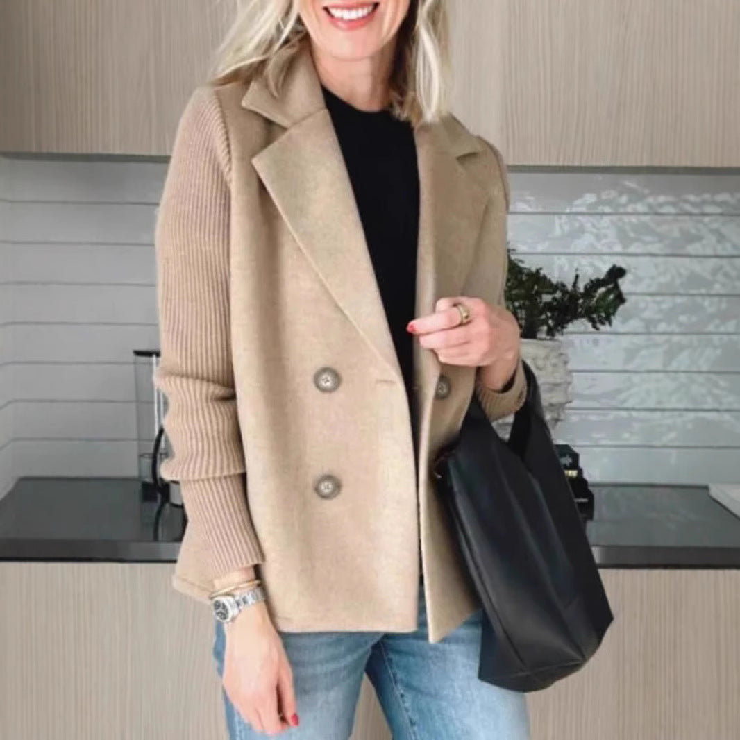 Dames Elegante Moderne Wollen Look Blazer met Gebreide Mouwen en Dubbele Knoopsluiting | Barbella