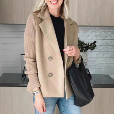 Dames Elegante Moderne Wollen Look Blazer met Gebreide Mouwen en Dubbele Knoopsluiting | Barbella