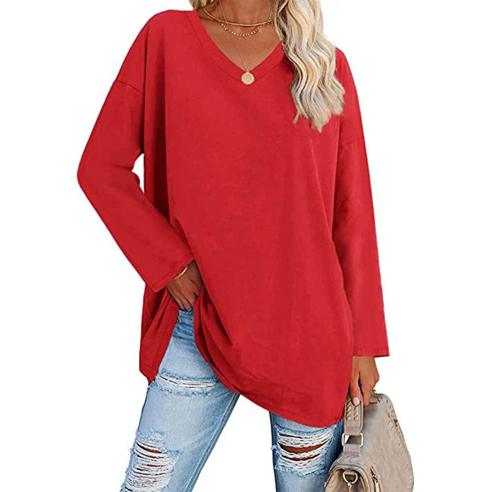 Dames Casual Oversized T-shirt met V-hals en Lange Mouwen | Toba