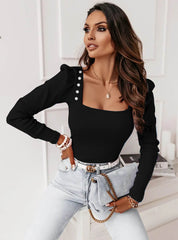 Dames Trendy Top met Vierkante Hals en Sierknopen | Tona