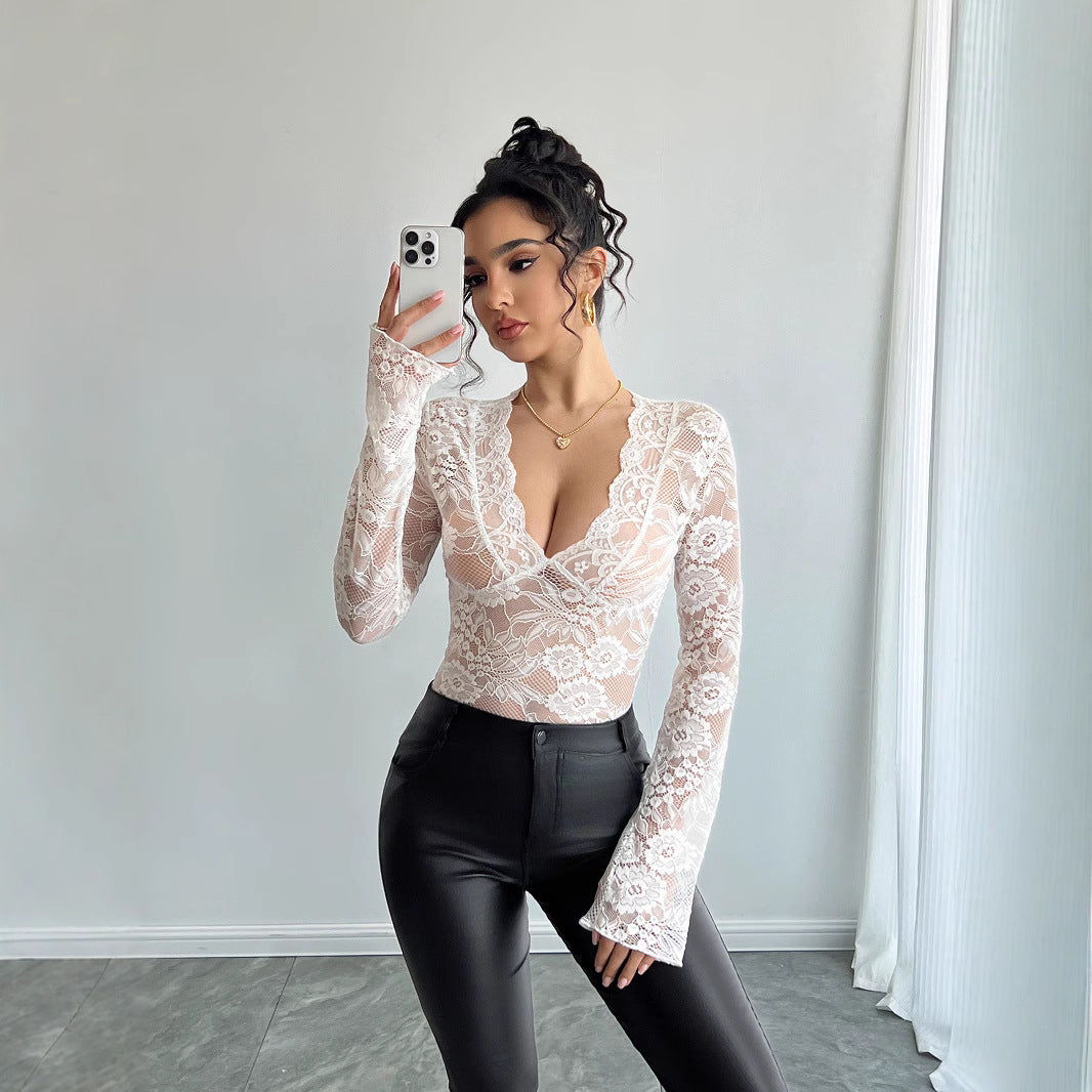 Dames Elegante Kanten Top met Diepe V-Hals en Lange Mouwen | Talice