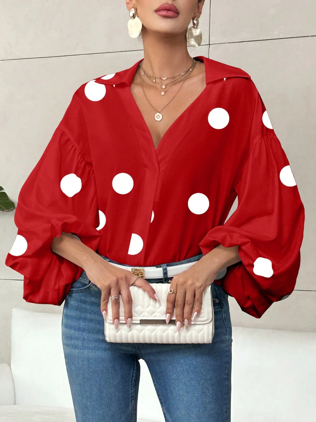 Dames Elegante Koreaanse Style Trendy Blouse met Ballon Mouwen en Grote Polka Dot Stippen Print | Hermalien