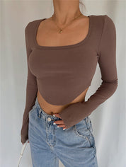 Dames Geribde Crop Top met Vierkante Hals | Thigeny