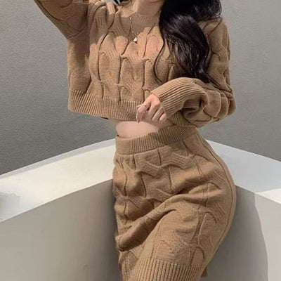 Dames Trendy Stijlvolle Tweedelige Gebreide Set met Structuur Rok en Trui | Dania