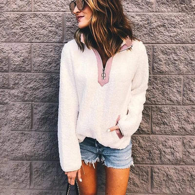 Dames Basic Casual Trendy Veelzijdige Teddy Fleece Trui met Rits en Hoge Kraag | Sophia