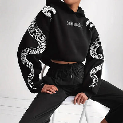 Dames Trendy Casual Korte Hoodie met Slangen Print | Serelina