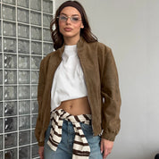 Dames Vintage Look Faux Suede Bomber Jas met Opstaande kraag en Rits | Besita