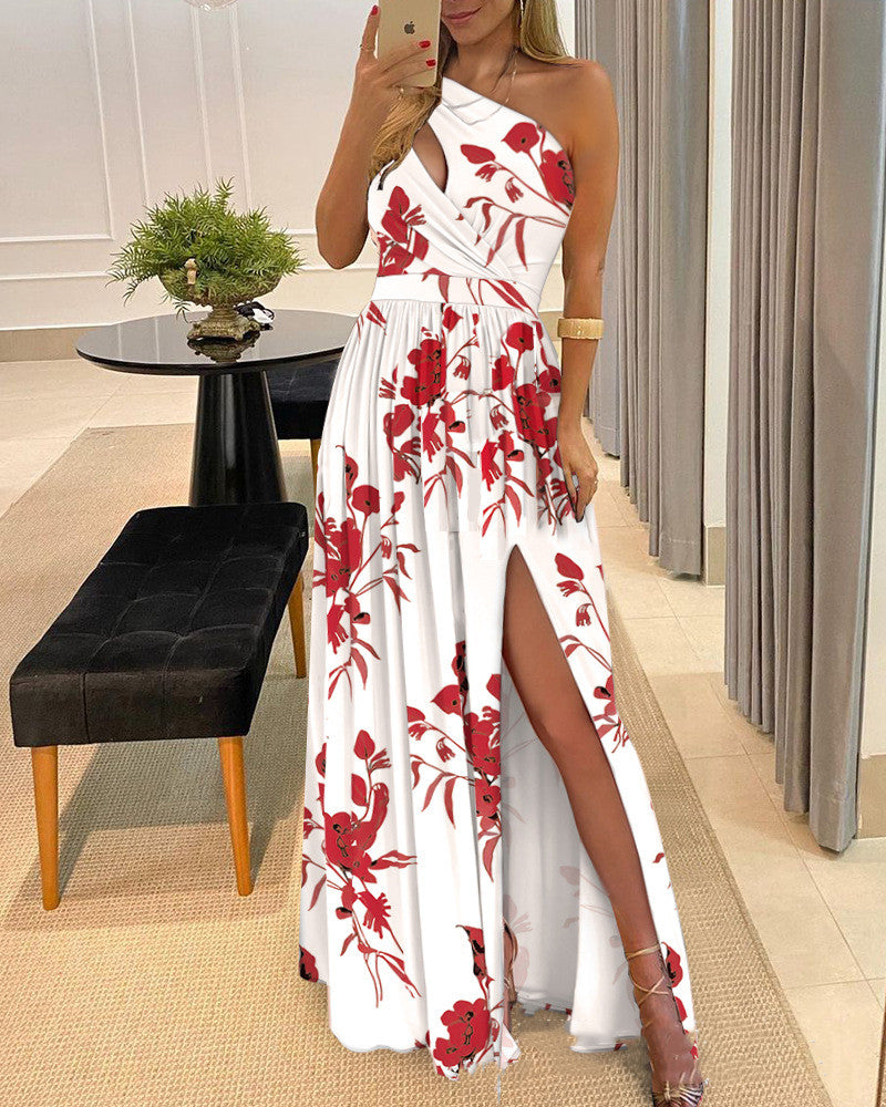 Dames Elegante Maxi Lange One Shoulder Jurk met Print en Split | Nasara