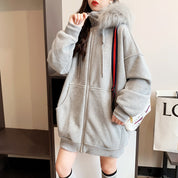 Dames Modieuze Oversized Hoodie met Rits en Zachte Bontkraag | Solandy