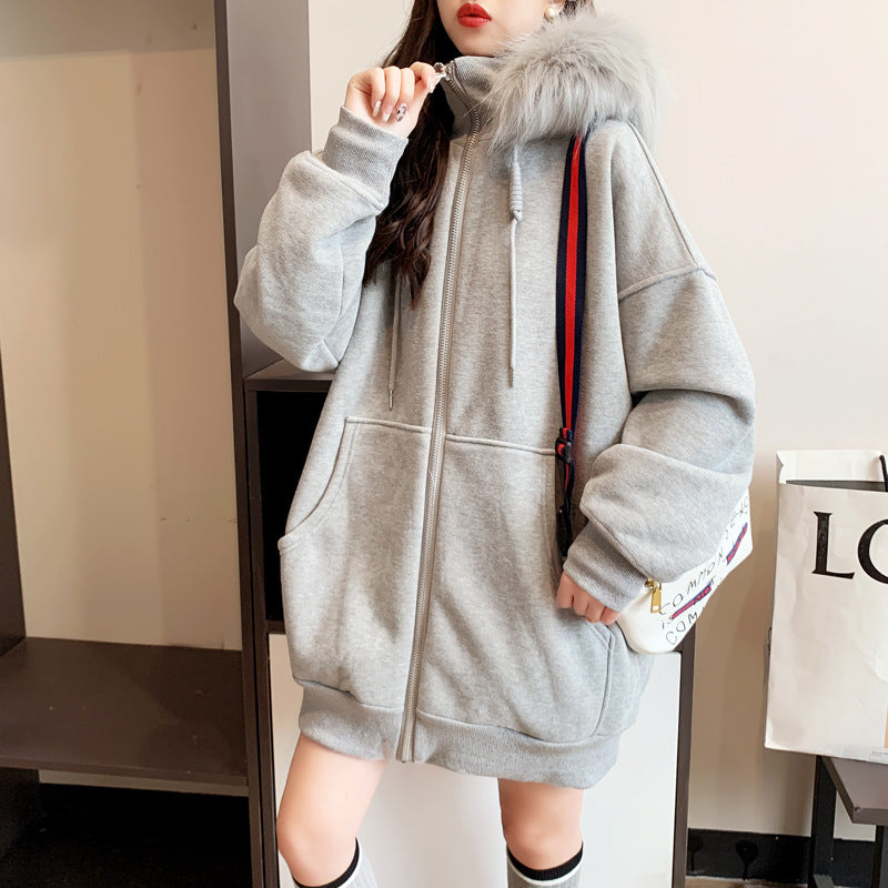 Dames Modieuze Oversized Hoodie met Rits en Zachte Bontkraag | Solandy