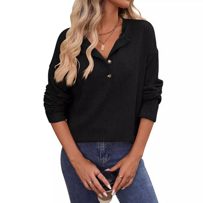Dames Basic Veelzijdige Trendy Geribde Lange Mouwen Top met Knopen | Tamia