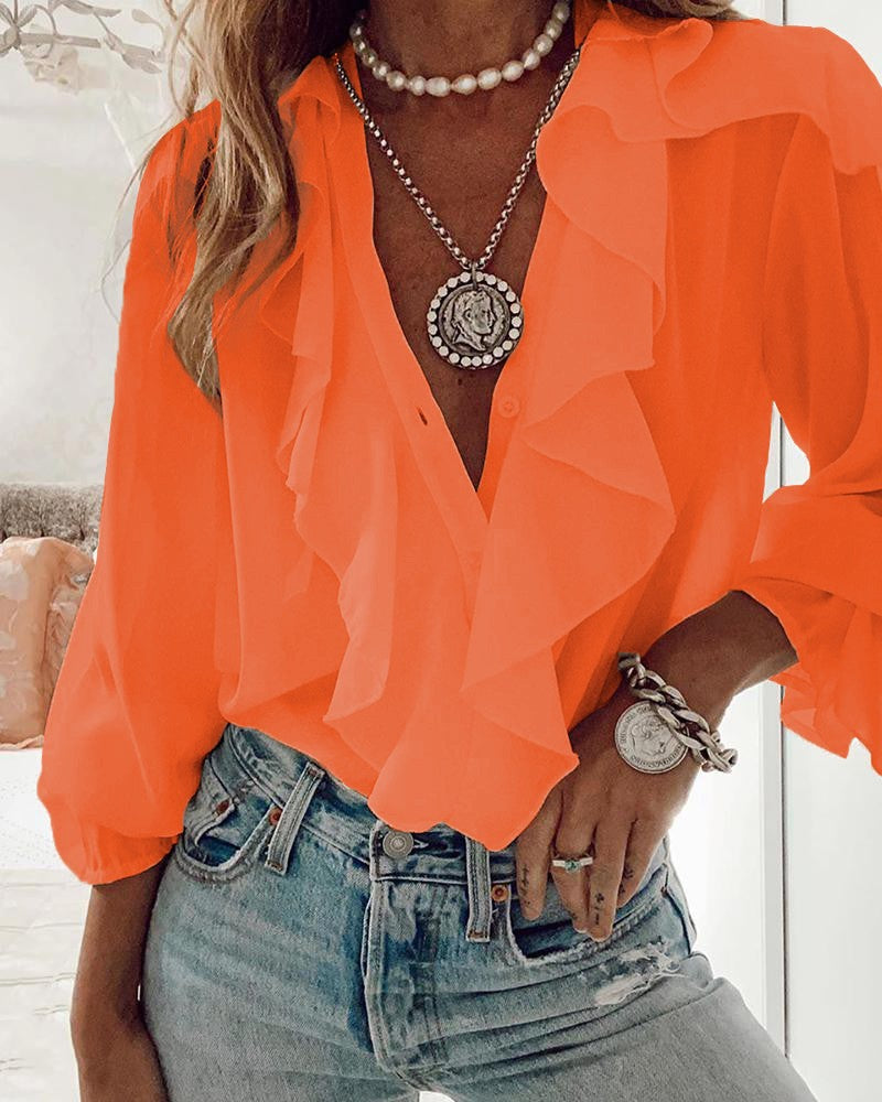 Dames Boho Veelzijdige Elegante Chiffon Blouse met V-Hals en Ruches | Hadjar