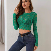 Dames Korte Trendy Kanten Top met Lange Mouwen | Teba