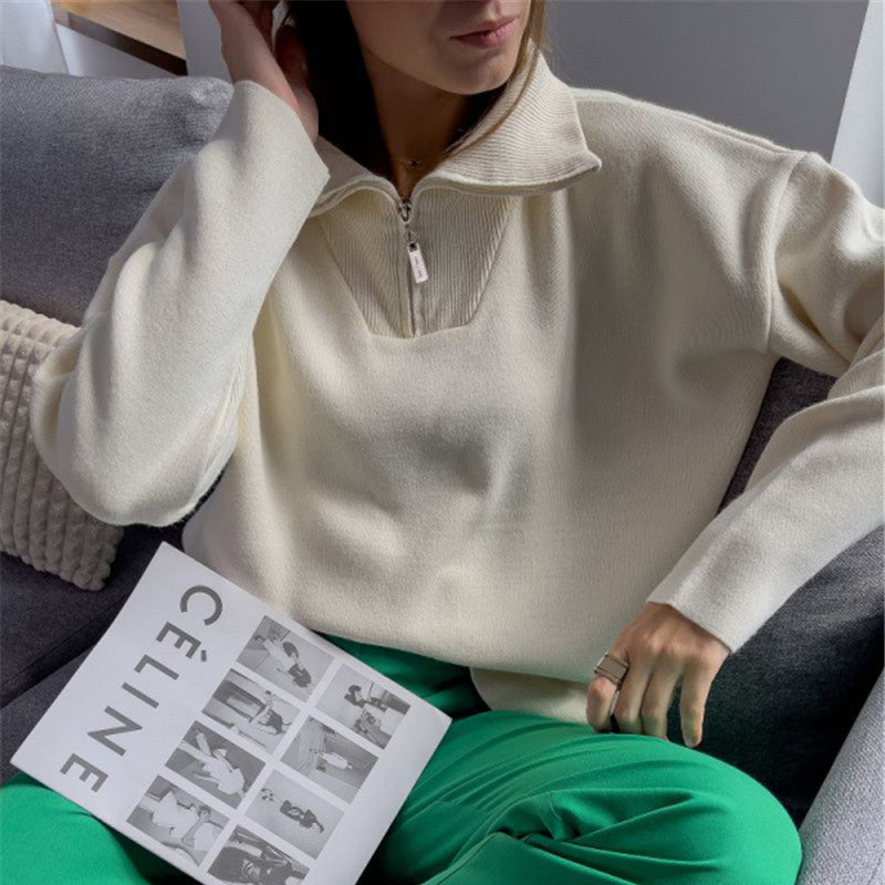 Dames Trendy Basic Trui met Kraag en Rits | Sevora
