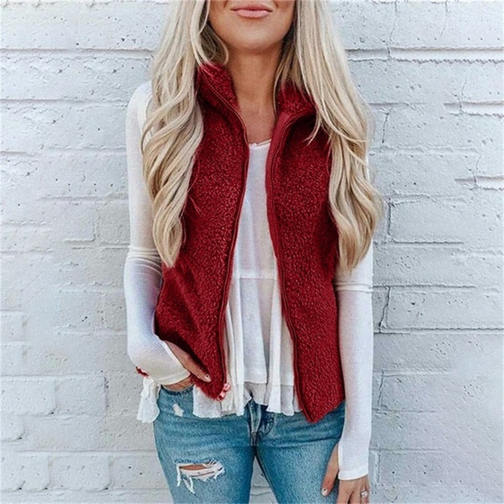 Dames Trendy Stijlvolle Plush Teddy Fleece Bodywarmer met Opstaande Kraag en Rits | Baydie