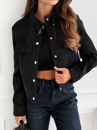 Dames Trendy Chique Korte Suede Look Jas met Gouden Knopen | Bekka