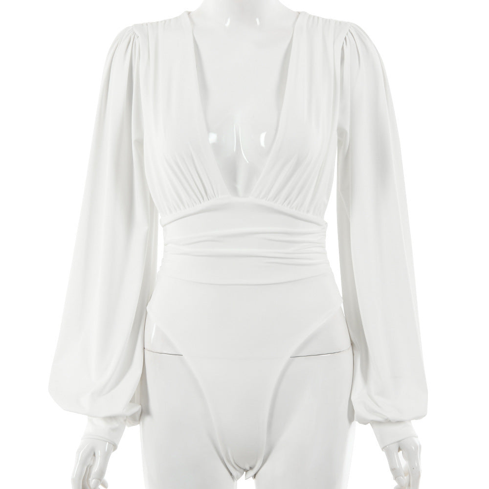 Dames Trendy Modieuze Luxe Diepe V-hals Bodysuit met Lange Mouwen | Thyara