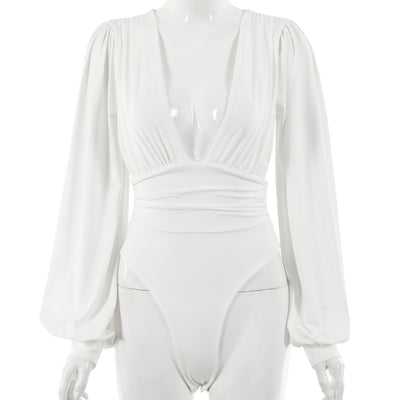 Dames Trendy Modieuze Luxe Diepe V-hals Bodysuit met Lange Mouwen | Thyara