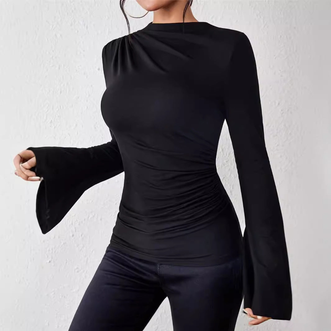 Dames Top met Uitlopende Mouwen en Plooidetail | Basic Slim Fit Top | Given