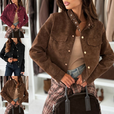 Dames Trendy Chique Korte Suede Look Jas met Gouden Knopen | Bekka