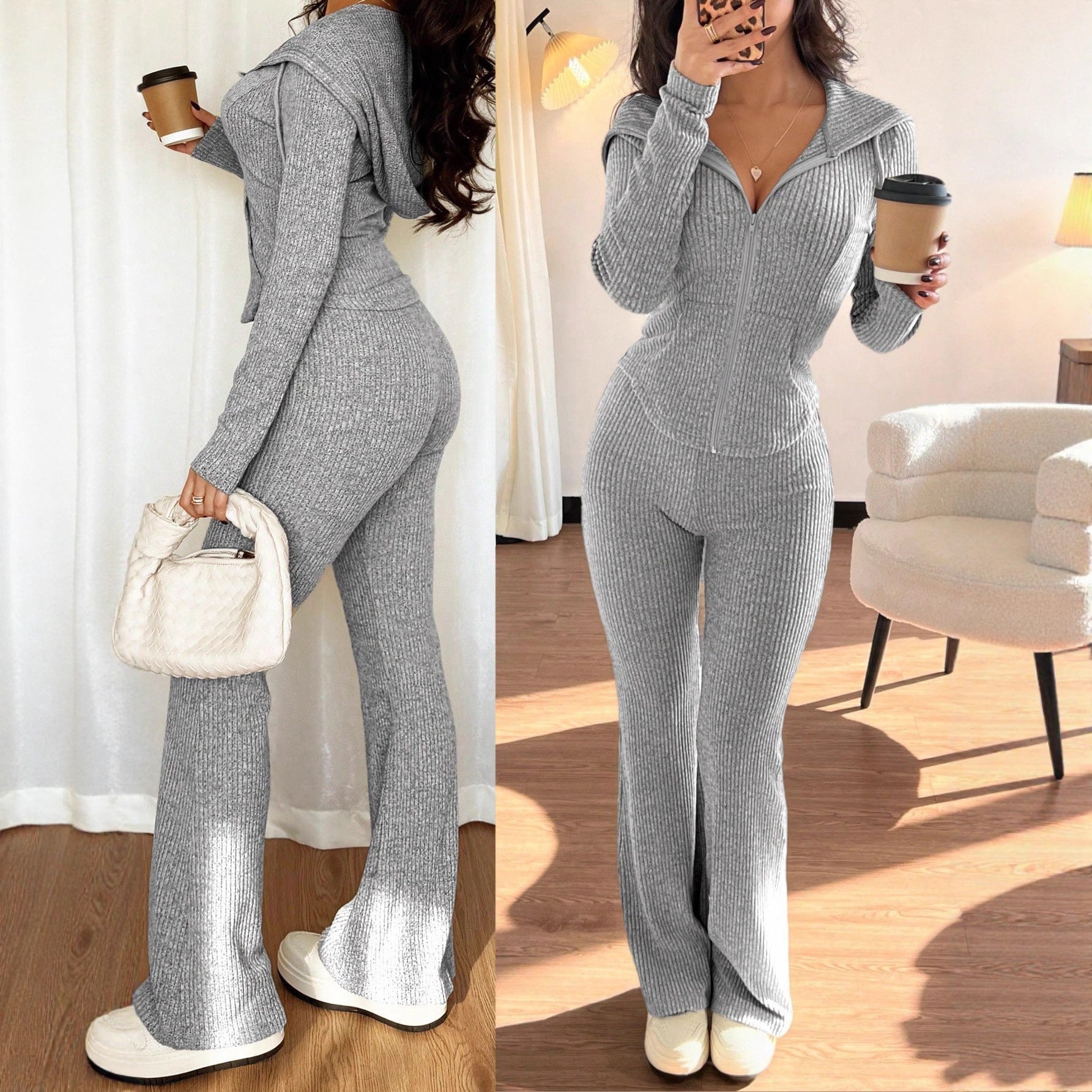 Dames Warme Alledaagse Tweedelige Lounge Set met Broek en Vest met Capuchon | Damara