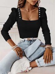 Dames Trendy Top met Vierkante Hals en Sierknopen | Tona