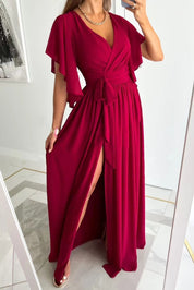 Dames Elegante Maxi Jurk met V-hals en Strikceintuur | Nariva