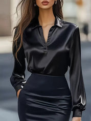 Dames Elegante Stijlvolle Satijnen Look Blouse met V-Hals | Hillany