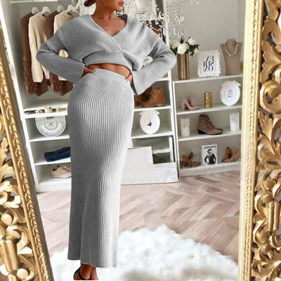Dames Elegante Veelzijdige Tweedelige Gebreide Set met Maxi Rok en V-Hals Sweater | Dory