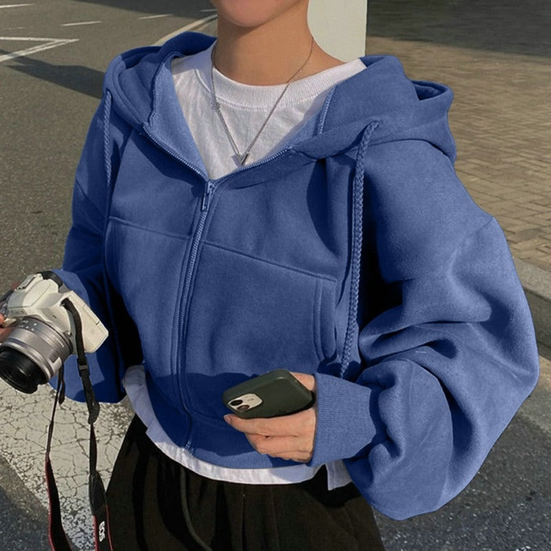 Dames Basic Veelzijdige Korte Hoodie met Rits en Zakken | Selviana