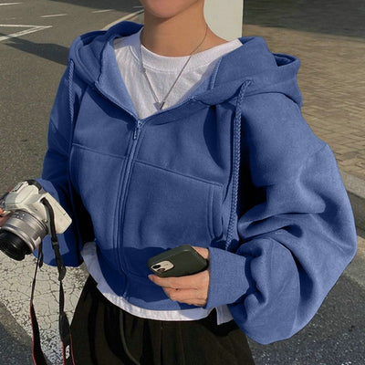 Dames Basic Veelzijdige Korte Hoodie met Rits en Zakken | Selviana