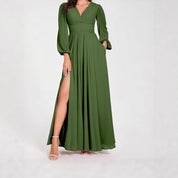 Dames Elegante Maxi Jurk met V-hals en Split | Noraisa