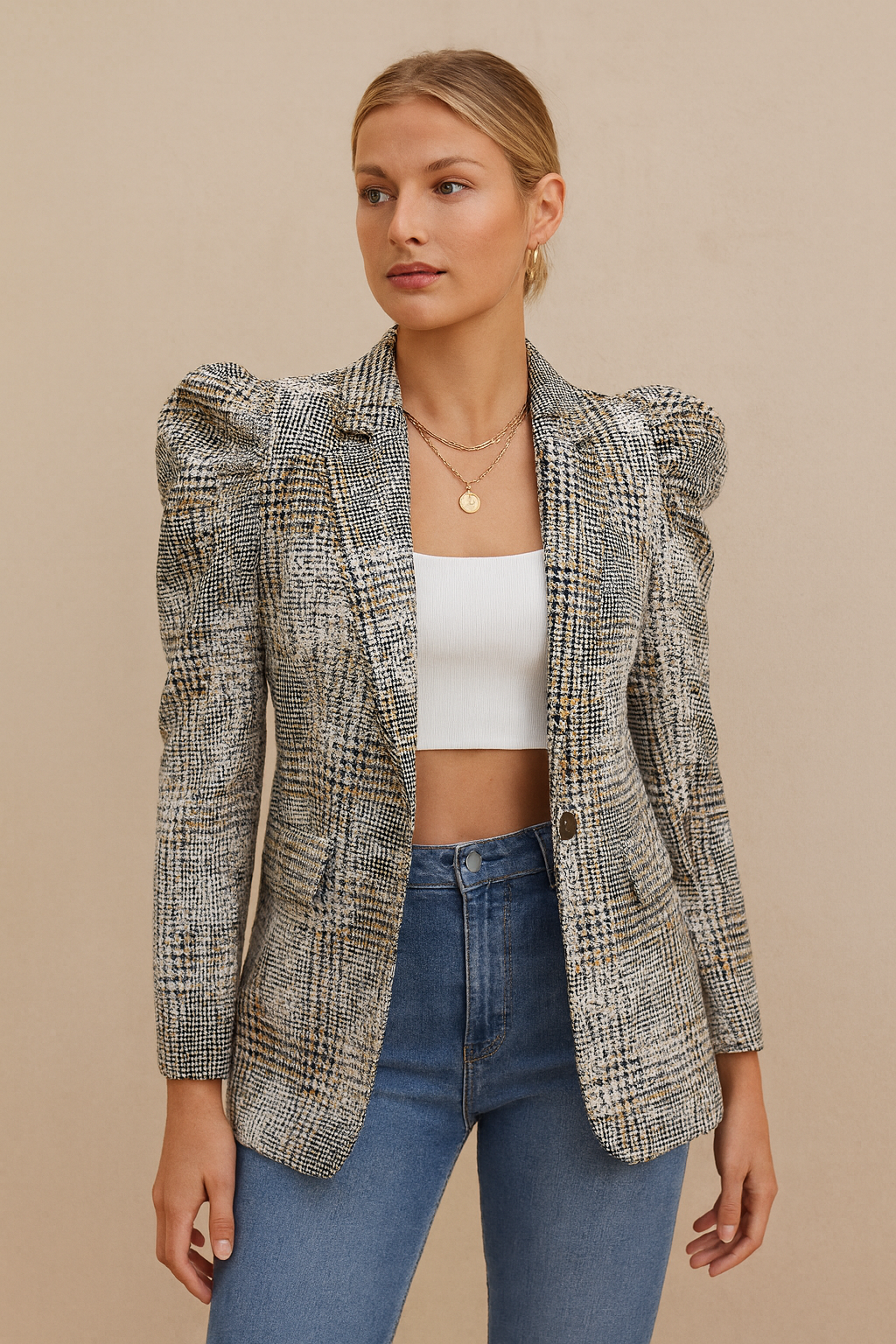 Dames Stijlvolle Elegante Geruite Blazer met Pofmouwen | Bailani