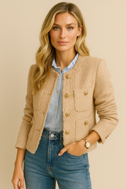 Dames Stijlvolle Trendy Parijs Style Boucle Jas met Gouden Knopen en Zakken | Balencia