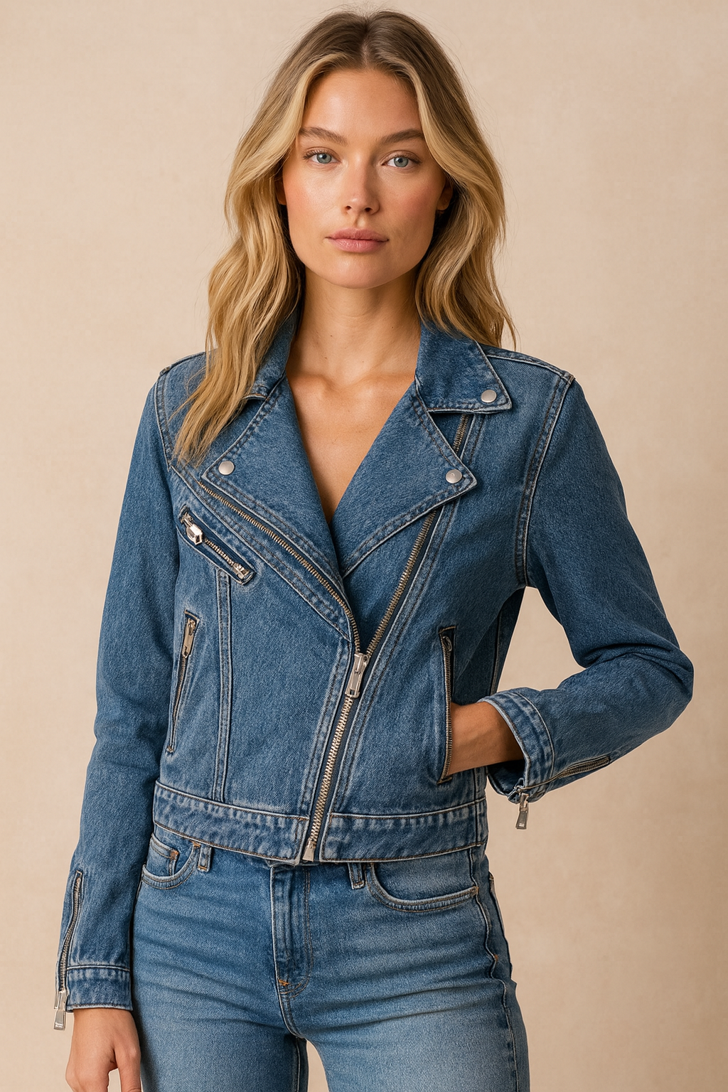 Dames Veelzijdige Street Style Denim Biker Jas met Rits Details | Bamora