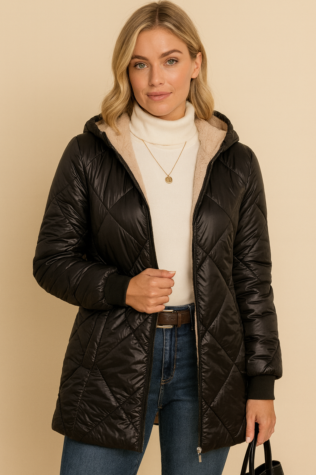 Dames Elegante Stijlvolle Gewatteerde Jas met Capuchon, Warme Voering en Diamond Quilted Design | Bandora