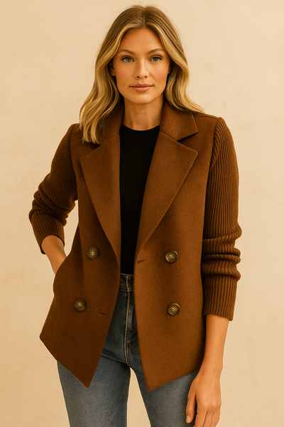 Dames Elegante Moderne Wollen Look Blazer met Gebreide Mouwen en Dubbele Knoopsluiting | Barbella