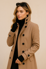 Dames Trendy Warme Veelzijdige Elegante Wollen Look Mantel Jas met Knopen en Ceintuur Detail | Barisia