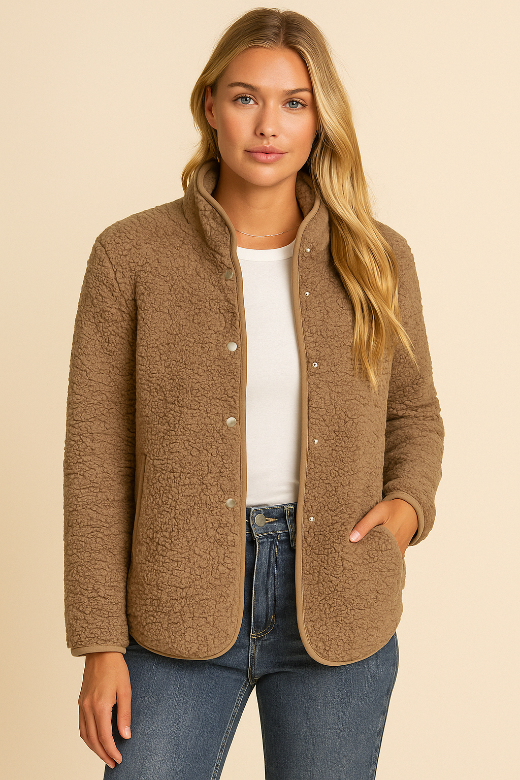 Dames Comfortabele Trendy Zachte Teddy Jas met Drukknopen | Baslana