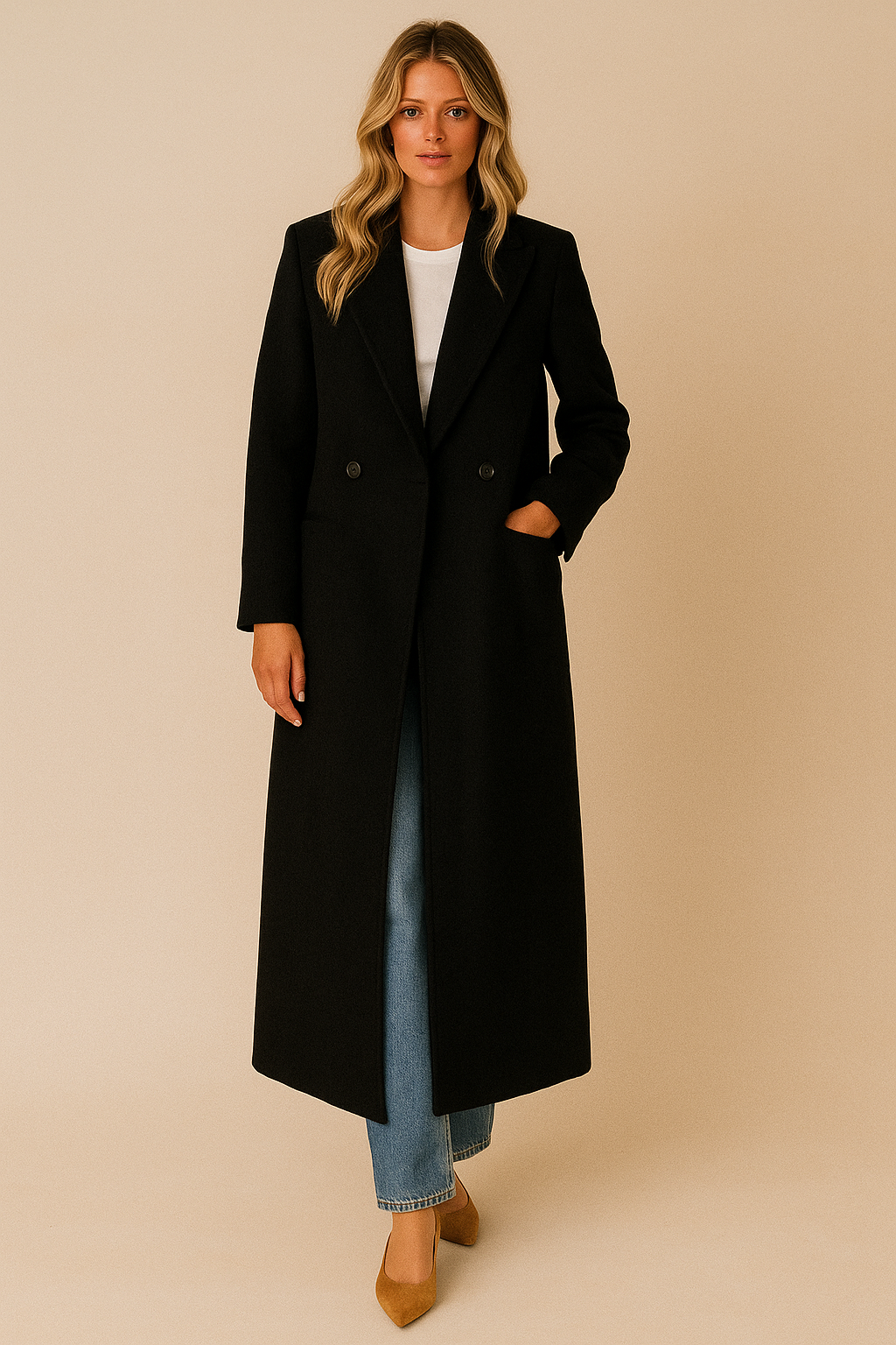 Dames Elegante Trendy Lange Wollen Look Jas met Reverskraag en Double Breasted Knoop Sluiting | Bathea