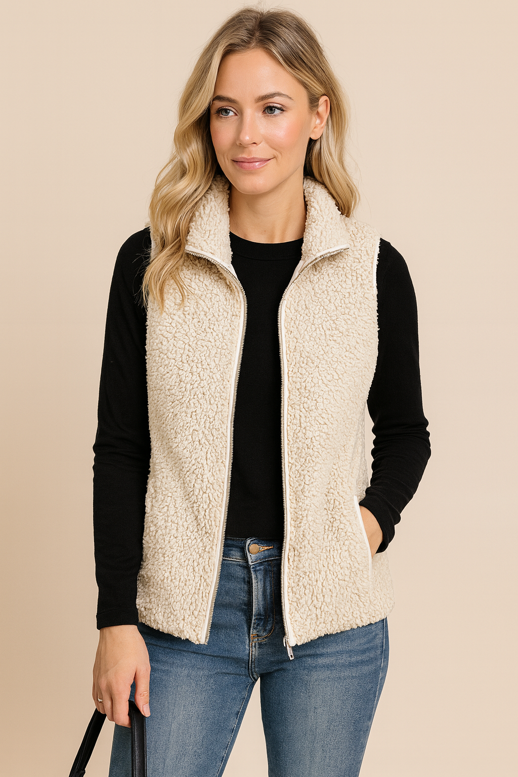 Dames Trendy Stijlvolle Plush Teddy Fleece Bodywarmer met Opstaande Kraag en Rits | Baydie
