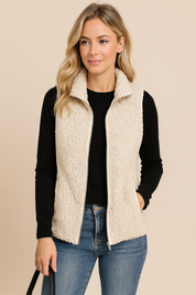Dames Trendy Stijlvolle Plush Teddy Fleece Bodywarmer met Opstaande Kraag en Rits | Baydie