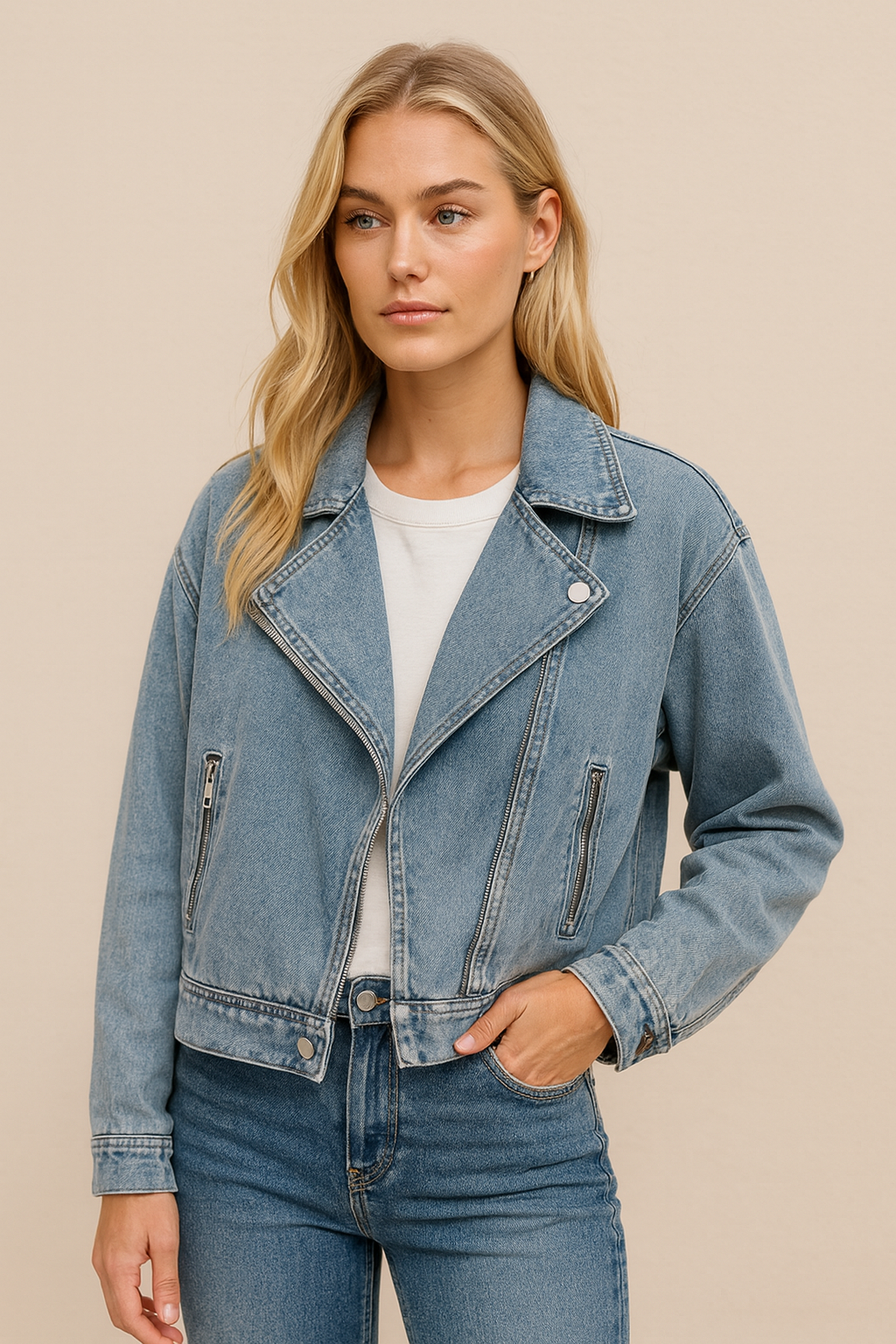 Dames Stijlvolle Korte Denim Biker Model met Grote Kraag | Bazena