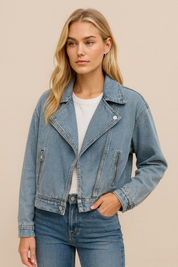 Dames Stijlvolle Korte Denim Biker Model met Grote Kraag | Bazena