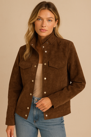 Dames Trendy Chique Korte Suede Look Jas met Gouden Knopen | Bekka